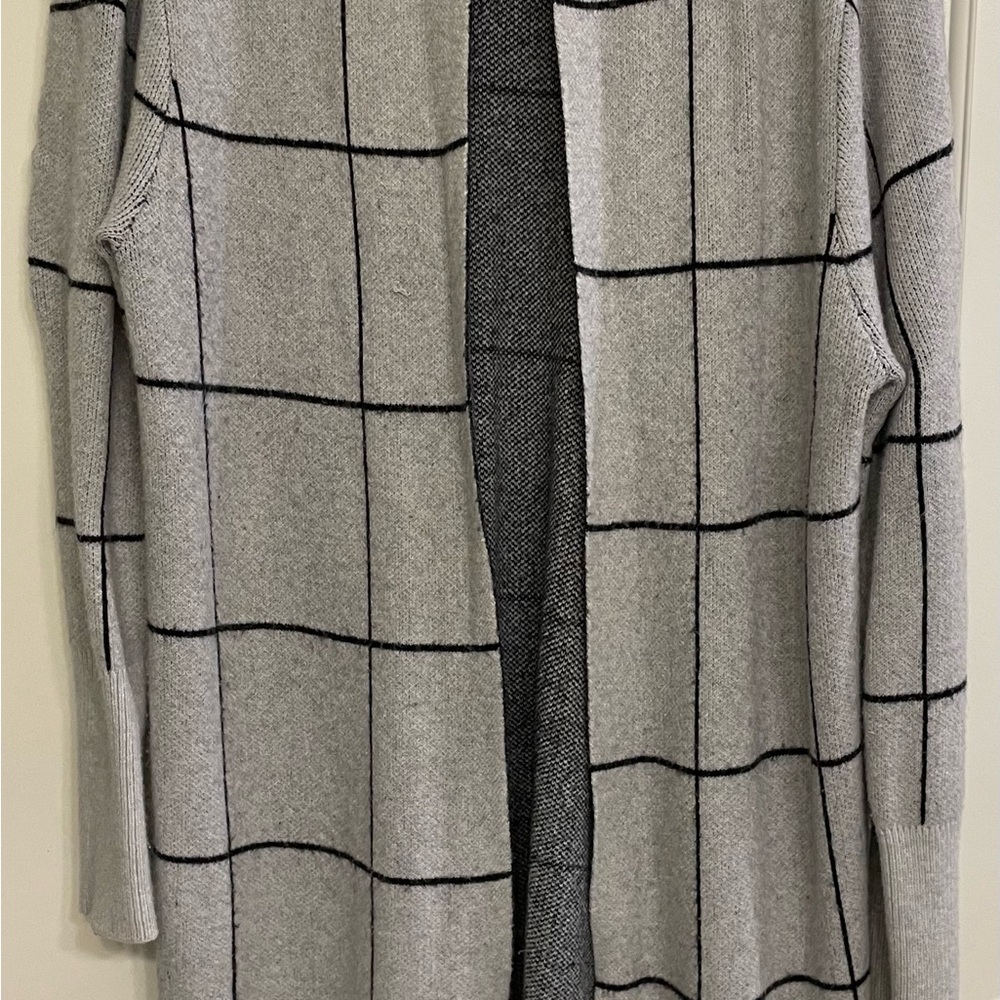 Leith Gray Grid Pattern Cardigan Sweater - Picture 2 of 5